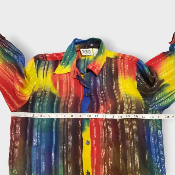 Chico's Design Silk Metallic Sheer Rainbow Stripe Button Up Blouse Sz 0=Sm Artsy - Picture 11 of 14